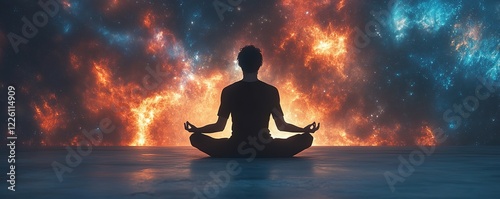 Meditation and self-discovery cosmic space digital art ethereal environment rear view spiritual concept photo