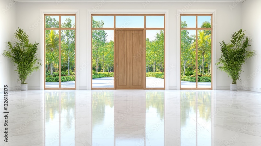 Fototapeta premium Bright empty modern home entrance hall with a wooden front door and large windows overlooking a green garden.