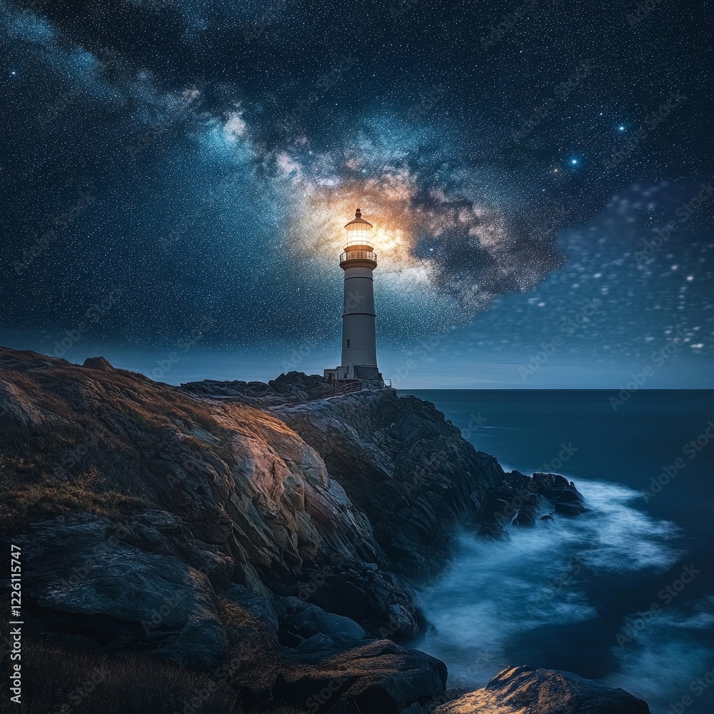 A picturesque lighthouse stands on rugged cliffs, shining brightly against the enchanting backdrop of a starry night sky and the mesmerizing Milky Way galaxy. A picturesque lighthouse stands on rugged cliffs, shining brightly against the enchanting backdrop of a starry night sky and the mesmerizing Milky Way galaxy.
