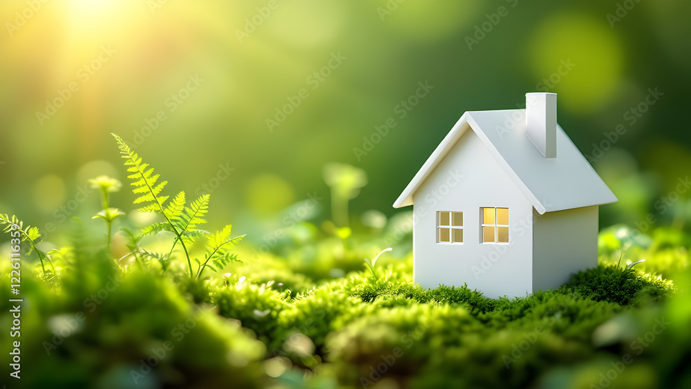Eco House In Green Environment - Wooden Home Friendly On Grass, environmental concept, earth day, save trees. Eco House In Green Environment - Wooden Home Friendly On Grass, environmental concept, earth day, save trees.