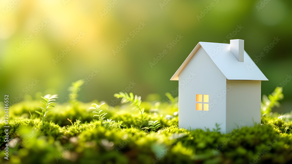 Eco House In Green Environment - Wooden Home Friendly On Grass, environmental concept, earth day, save trees. Eco House In Green Environment - Wooden Home Friendly On Grass, environmental concept, earth day, save trees.