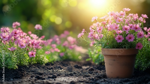 Pink Cosmos Flowers Blooming In Terracotta Pot Garden