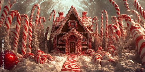 Gingerbread House Surrounded by Candy Canes photo