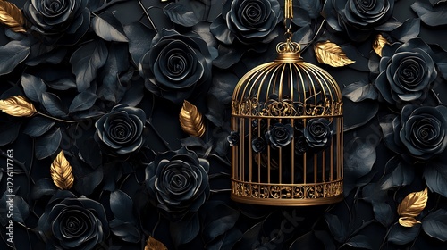 Fototapeta Naklejka Na Ścianę i Meble -  Golden Birdcage Amidst Black Roses: A Dark Elegance