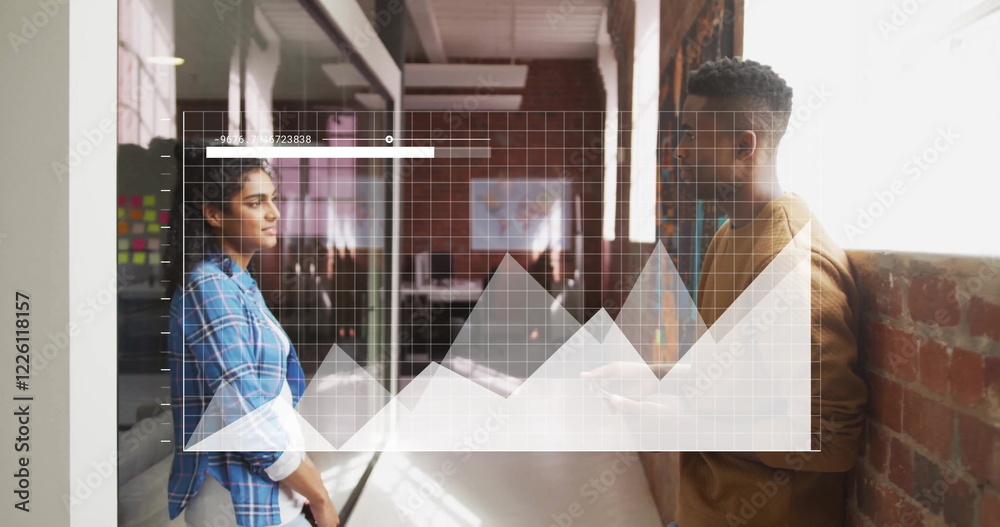 Image of diagrams over diverse colleagues discussing work Image of diagrams over diverse colleagues discussing work