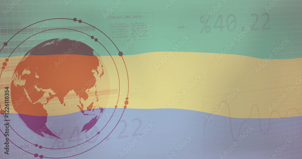Fototapeta premium Image of flag of gabon over globe, charts and processing data