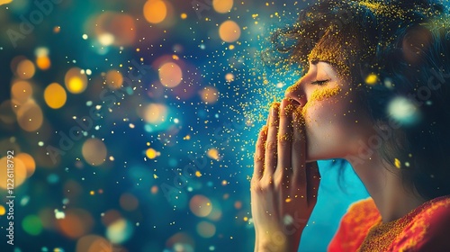 Woman sneezing into glittering dusty atmosphere with bokeh lights depicting seasonal allergy concept photo