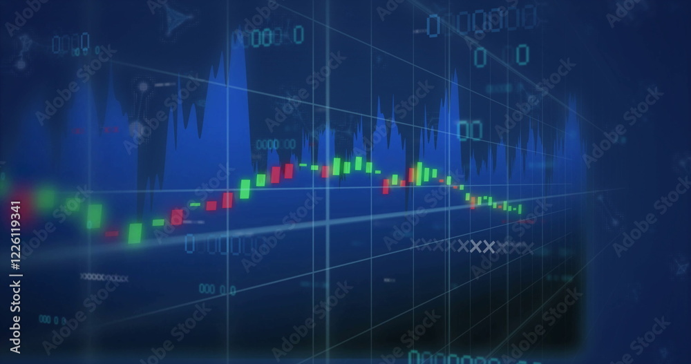 Image of financial data processing over molecules on black background Image of financial data processing over molecules on black background