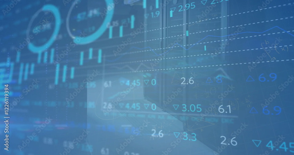 Obraz premium Image of financial data processing over blue background