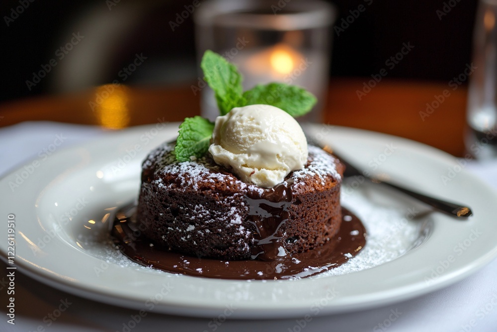 Decadent chocolate lava cake topped with vanilla ice cream and mint leaves on a rustic table Decadent chocolate lava cake topped with vanilla ice cream and mint leaves on a rustic table