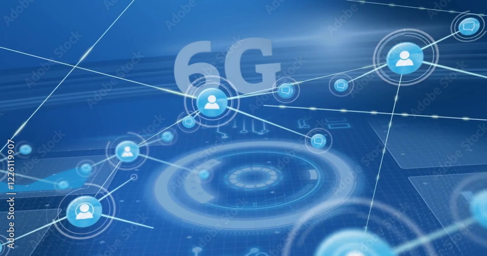 Naklejka premium Image of 6g text, network of connections with icons over scope