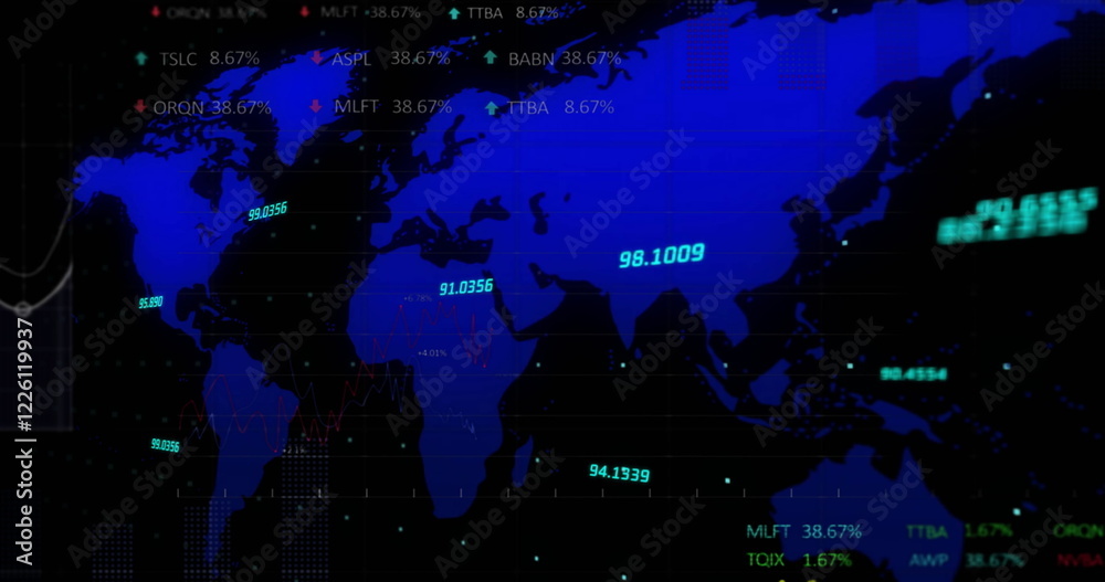 Obraz premium Image of statistics and financial data processing with world map over black background