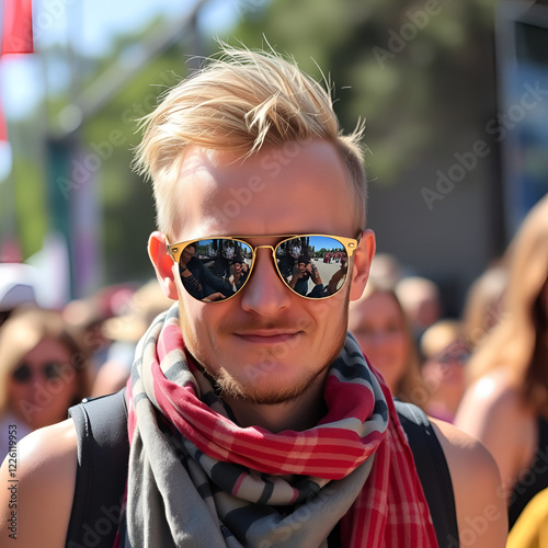 Festival goer with sunglasses and scarf photo