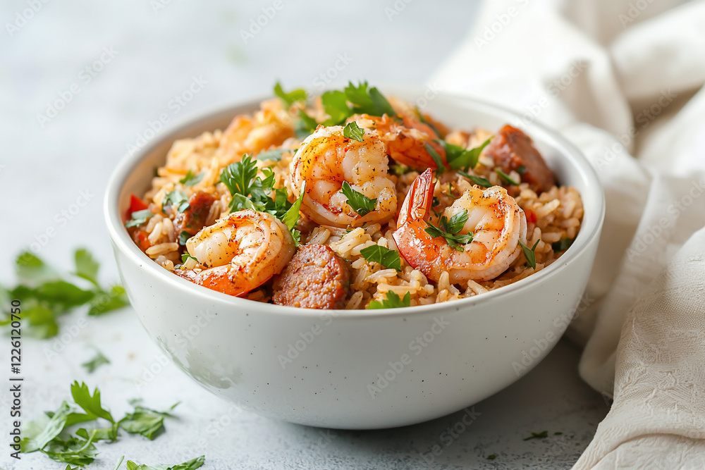 Delicious shrimp and rice dish garnished with fresh herbs, served in a bowl on a neutral background Delicious shrimp and rice dish garnished with fresh herbs, served in a bowl on a neutral background