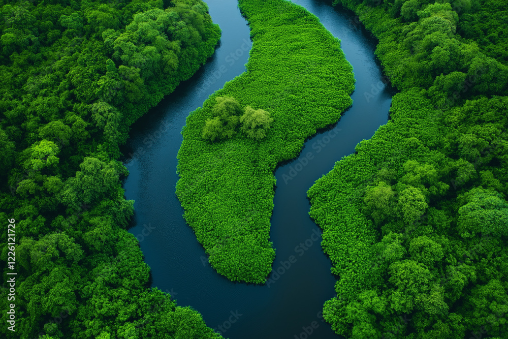 Fotografie Wilderness Stream: Winding River Through a Dense Green Forest