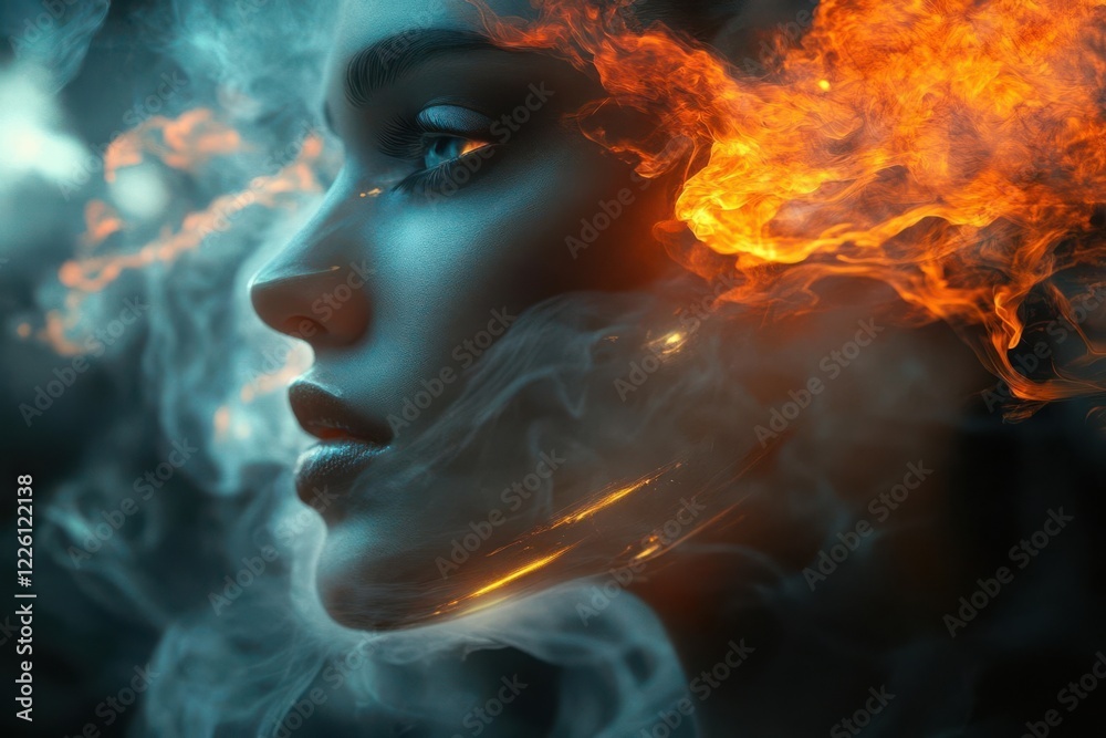 A profile of a woman with fiery and smoky elements, blending beauty and surrealism. A profile of a woman with fiery and smoky elements, blending beauty and surrealism.