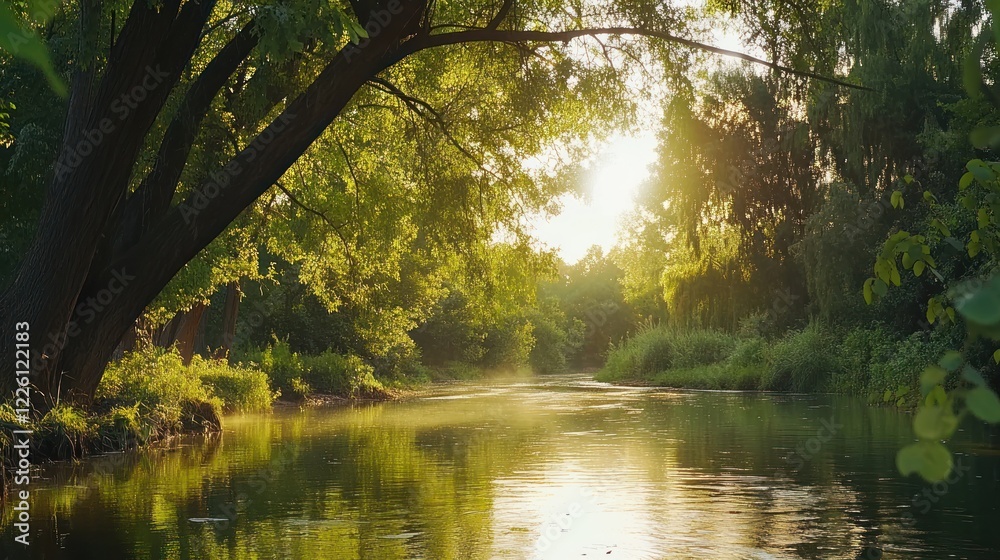 Fototapeta premium Golden sunlight filters through trees above a peaceful river at sunrise