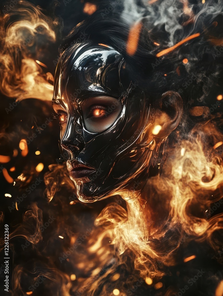 A surreal portrait featuring a masked figure amidst fiery elements and swirling smoke. A surreal portrait featuring a masked figure amidst fiery elements and swirling smoke.