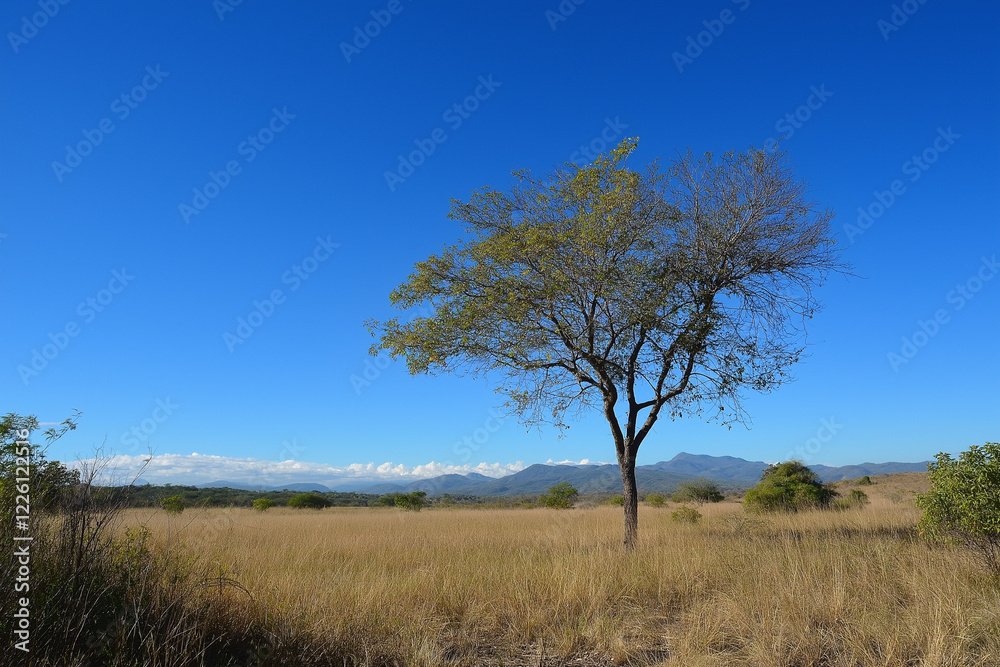 Solitude in Nature: Lone Tree Standing Against the Open Field Sky Solitude in Nature: Lone Tree Standing Against the Open Field Sky