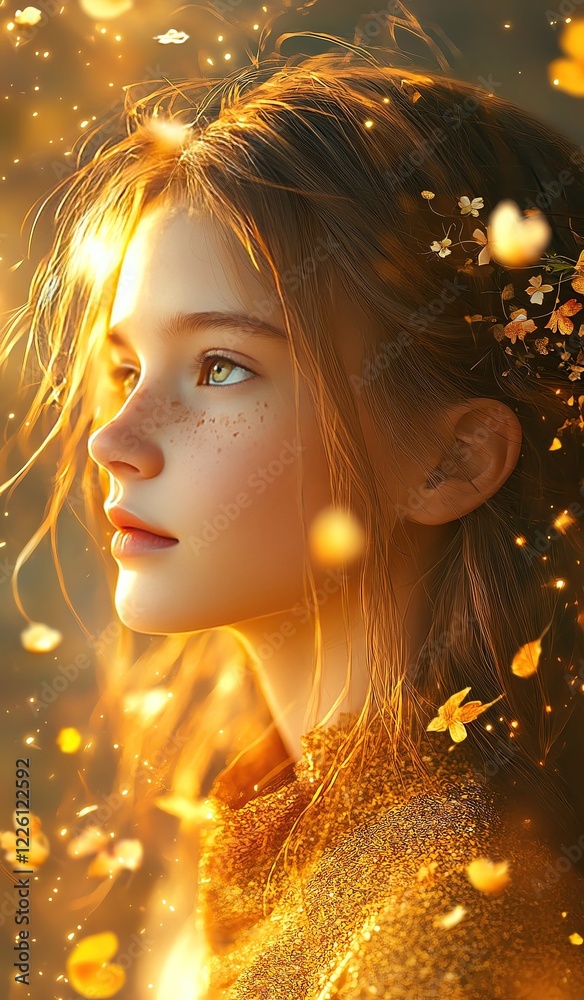 Φωτογραφία Ostara witchy cute stain glass style with happiness mood A girl surrounded by glowing autumn leaves