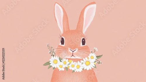 flat gentle illustration of a bunny wearing a floral garland made of spring flowers such as daisies
