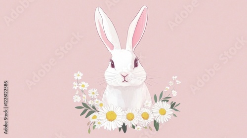 flat gentle illustration of a bunny wearing a floral garland made of spring flowers such as daisies