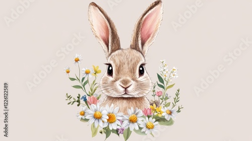 flat gentle illustration of a bunny wearing a floral garland made of spring flowers such as daisies