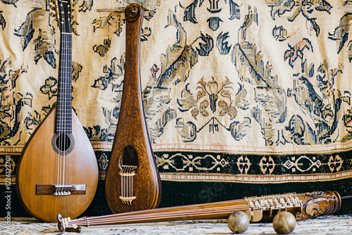 minstrel performance tapestry, medieval instruments