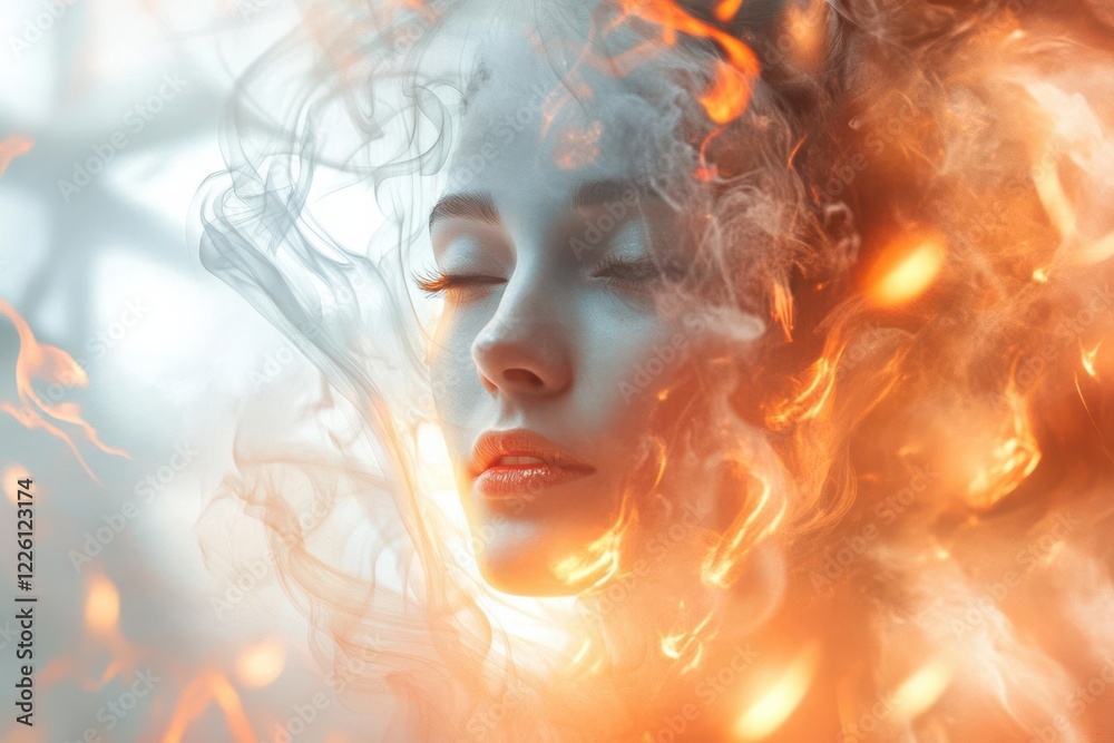 A serene face surrounded by ethereal flames and smoke, evoking a mystical atmosphere. A serene face surrounded by ethereal flames and smoke, evoking a mystical atmosphere.