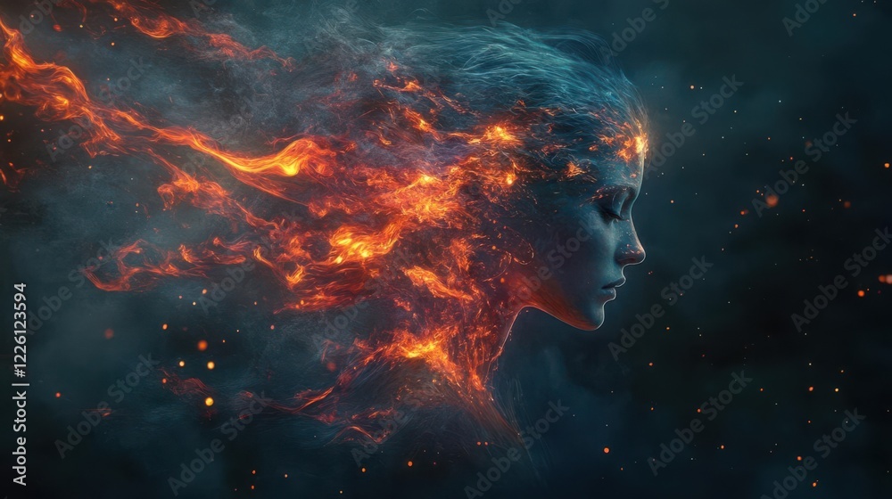 A fiery, ethereal figure emerges from a smoky background, symbolizing transformation and power. A fiery, ethereal figure emerges from a smoky background, symbolizing transformation and power.