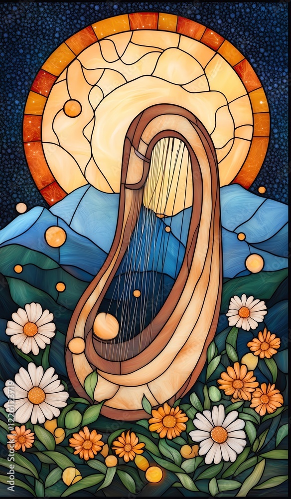 Φωτογραφία Ostara witchy cute stain glass style with happiness mood Stained glass art featuring a harp and flowers
