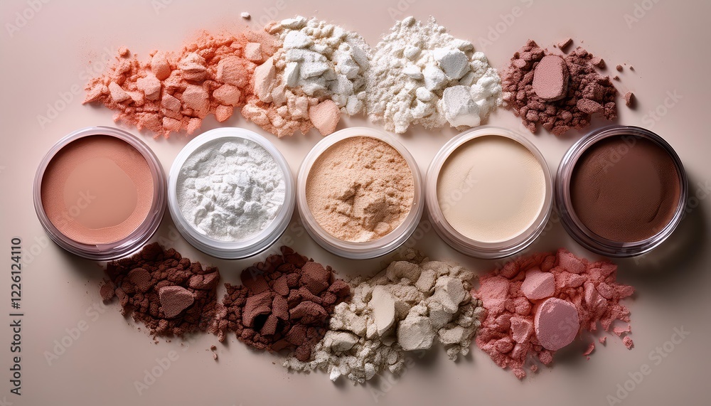 Vibrant Array of Crushed Makeup Powders Showcasing a Diverse Range of Skin Tones and Textures, Capturing a Rich Palette for Cosmetic Artistry and Inspiration. Vibrant Array of Crushed Makeup Powders Showcasing a Diverse Range of Skin Tones and Textures, Capturing a Rich Palette for Cosmetic Artistry and Inspiration.