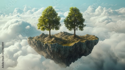 A serene floating island with two trees amidst clouds, symbolizing tranquility and nature.