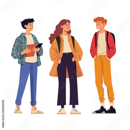 Group of multicultural students in vector illustration. Young people holding books and chatting. Students vector illustration isolated on white background.