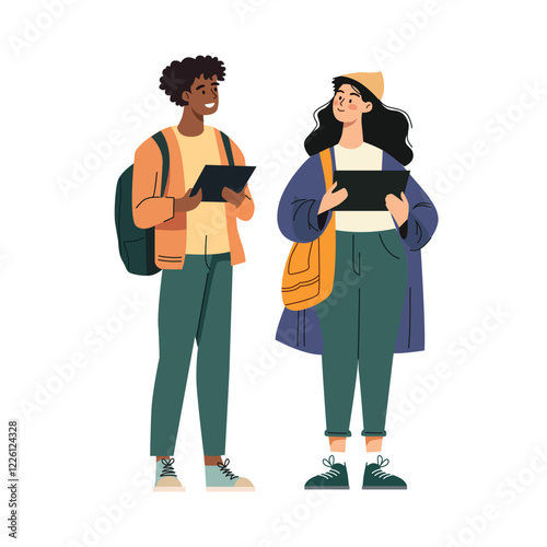 Group of multicultural students in vector illustration. Young people holding books and chatting. Students vector illustration isolated on white background.