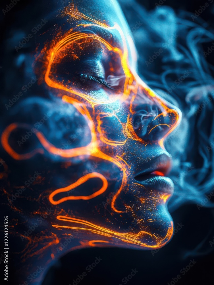 A stylized profile of a woman with glowing patterns and smoke effects, conveying a surreal atmosphere. A stylized profile of a woman with glowing patterns and smoke effects, conveying a surreal atmosphere.