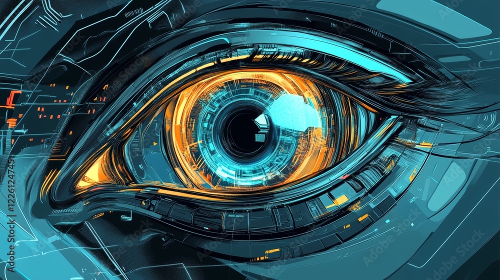 A digital artwork depicting a cybernetic eye with intricate neon designs and circuitry, symbolizing the intersection of technology and human vision in a futuristic era. A digital artwork depicting a cybernetic eye with intricate neon designs and circuitry, symbolizing the intersection of technology and human vision in a futuristic era.
