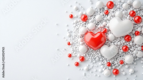 Red and white hearts on spheres; Valentine's Day background