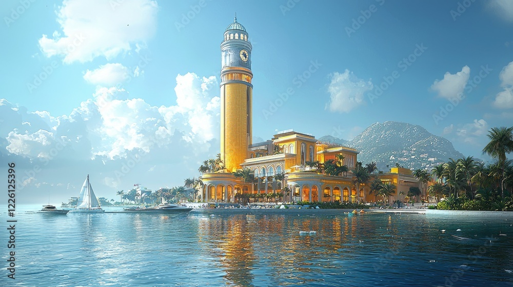 Naklejka premium Golden Coastal Clock Tower Resort Complex Beside Calm Ocean