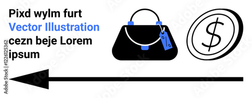 Handbag with price tag next to a dollar coin and arrow conveying trade, value, or shopping. Ideal for retail, e-commerce, fashion, economy, marketing, finance and flat landing page banner