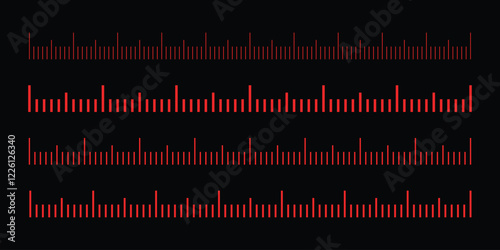 Red Markup for rulers in different scales isolated on black background. Measuring scale set. Ruler for comparing sizes of objects.