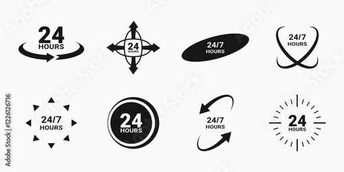 24 7 clock icon vector. day hour open customer support service. call center time assistance 247. online help. round week year sign. contact line design. isolated on white background