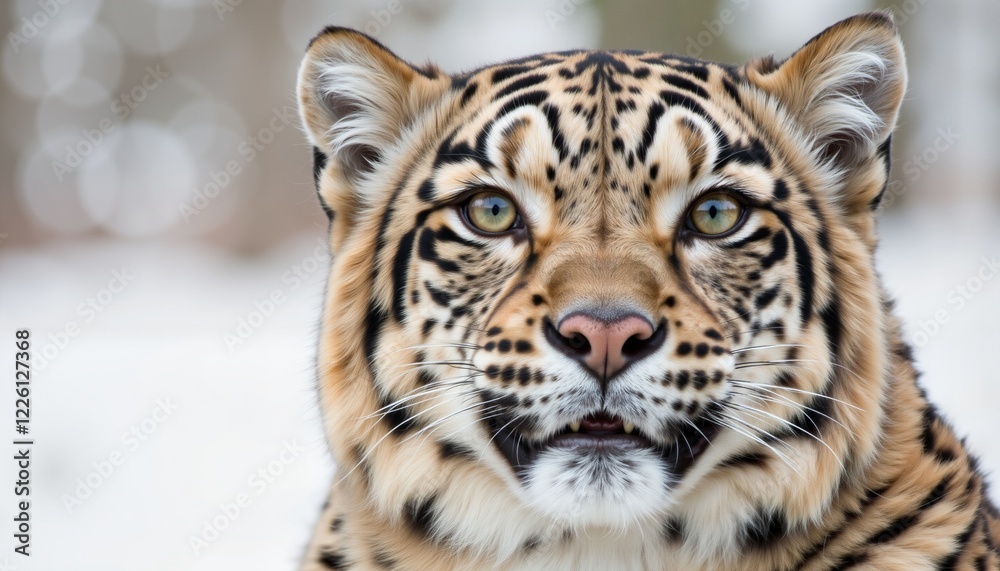 Intense close-up of a majestic snow leopard displaying its powerful gaze against a blurred natural background, symbolizing strength and beauty in the wild. Intense close-up of a majestic snow leopard displaying its powerful gaze against a blurred natural background, symbolizing strength and beauty in the wild.