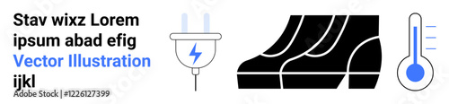 Electrical plug with lightning symbol, stylized shoe soles, and thermometer. Ideal for energy, footwear durability, heat transfer, efficiency, climate technology and utilities. Flat landing page