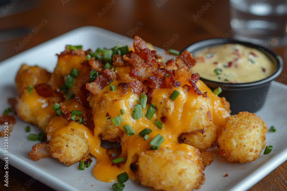 Deliciously topped tater tots with melted cheese and bacon, served with a creamy dipping sauce Deliciously topped tater tots with melted cheese and bacon, served with a creamy dipping sauce