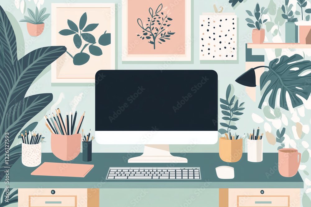 Efficient Workspace: Computer Surrounded by Neatly Arranged Stationery and Books Efficient Workspace: Computer Surrounded by Neatly Arranged Stationery and Books