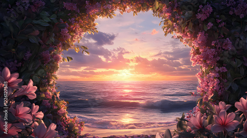 A scenic view of a floral archway overlooking a sunset-lit ocean landscape. Ocean Archway. Illustration photo