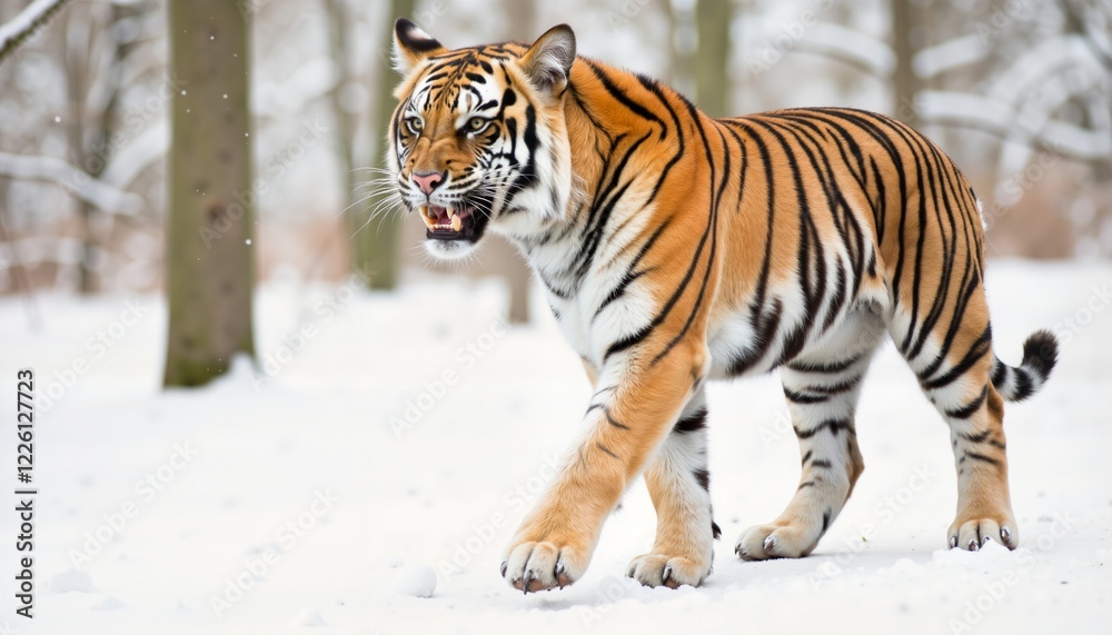 Obraz premium Majestic amur tiger walking confidently through a snowy forest landscape demonstrating strength and adaptability in a winter wonderland