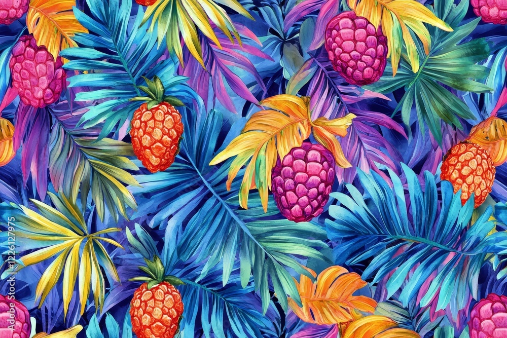 Brightly colored pineapples and lush foliage in a vivid display of tropical life, evoking a sense of abundance, warmth, and carefree tropical living. Brightly colored pineapples and lush foliage in a vivid display of tropical life, evoking a sense of abundance, warmth, and carefree tropical living.