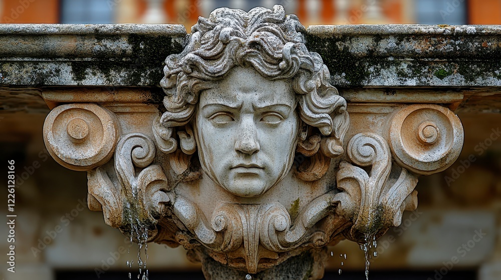 Stone fountain head, palace background, water feature, historical architecture, garden decor Stone fountain head, palace background, water feature, historical architecture, garden decor